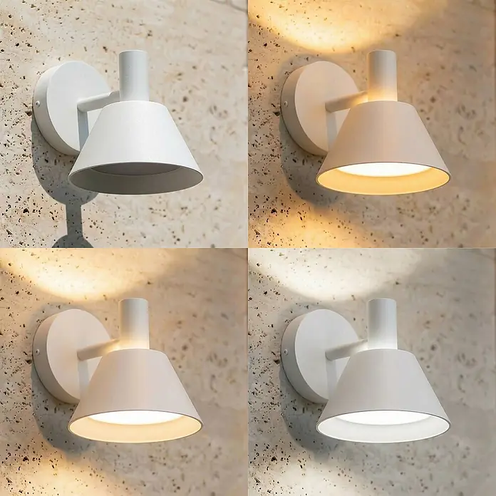 Lucande Außenwandleuchte Tabena - 20 x 16 x 17,5 cm, weiß / opal, weiß / opal, IP54 - Weiße Wandlampe mit konischem Schirm an strukturierter Wand, mit verschiedenen Lichtfarben (aus, warm, neutral, kaltweiß) dargestellt.
