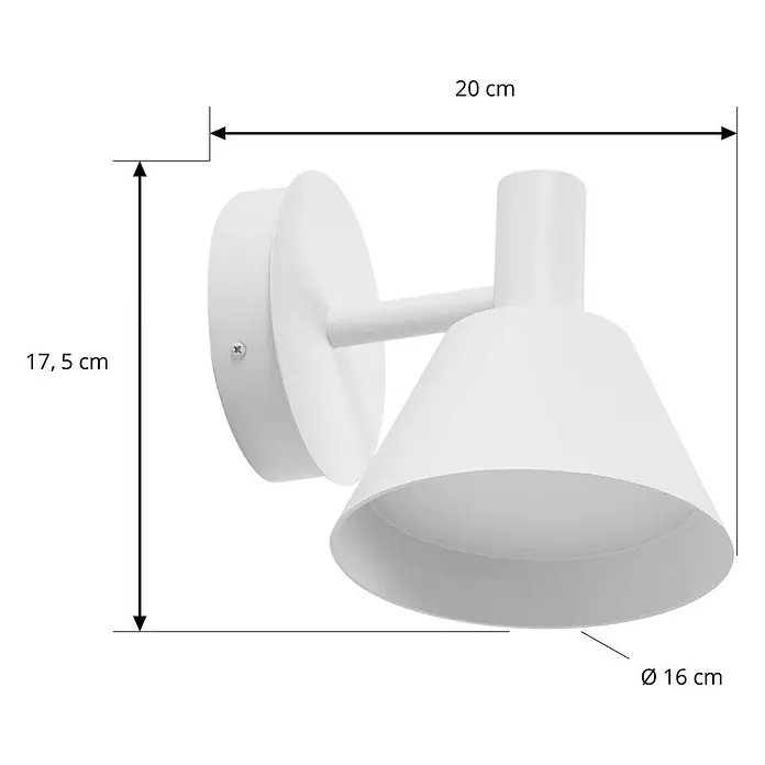 Lucande Außenwandleuchte Tabena - 20 x 16 x 17,5 cm, weiß / opal, weiß / opal, IP54 - Weiße Metall-Wandlampe mit konischem Schirm. Höhe 17,5 cm, Tiefe 20 cm, Schirmdurchmesser 16 cm.