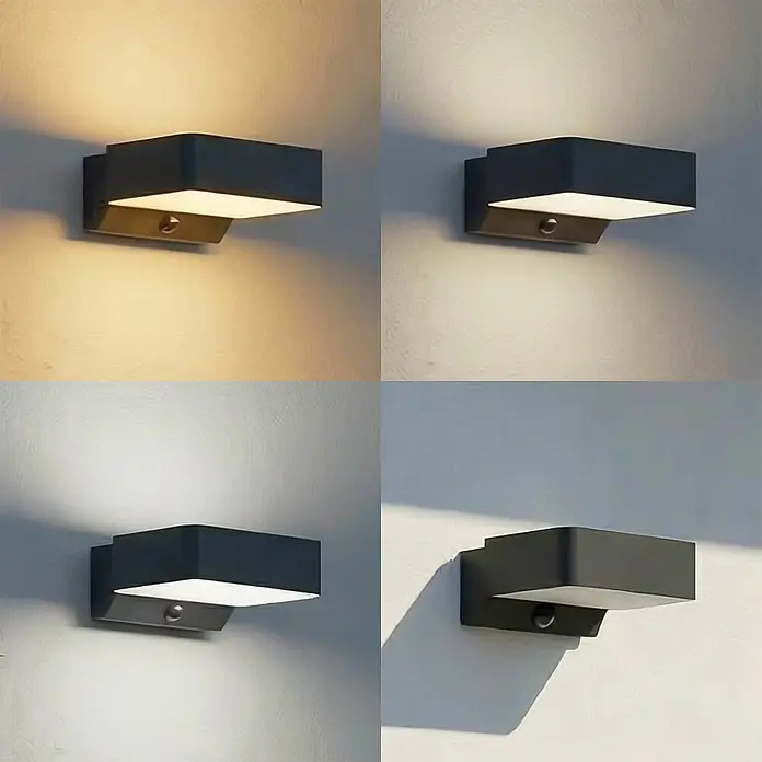 Lindby Außenwandleuchte Fando - alu / grau / zink, IP44 - Dunkelgraue rechteckige Wandleuchte mit Sensor, die warmes und kaltes Licht abgibt.