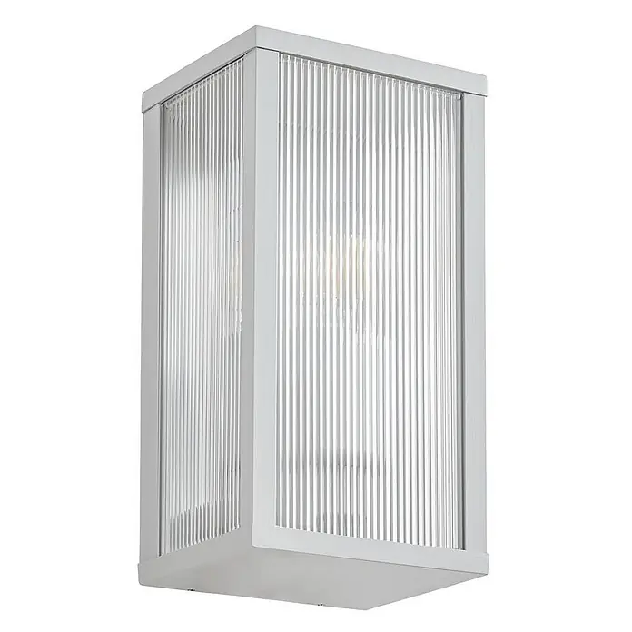 Lindby Außenwandleuchte Peldar - 13,5 x 14 x 26 cm, alu / grau / zink, IP44 - Rechteckige graue Außenwandleuchte mit gerippten Klarglaspaneelen und sichtbarer Glühbirne.