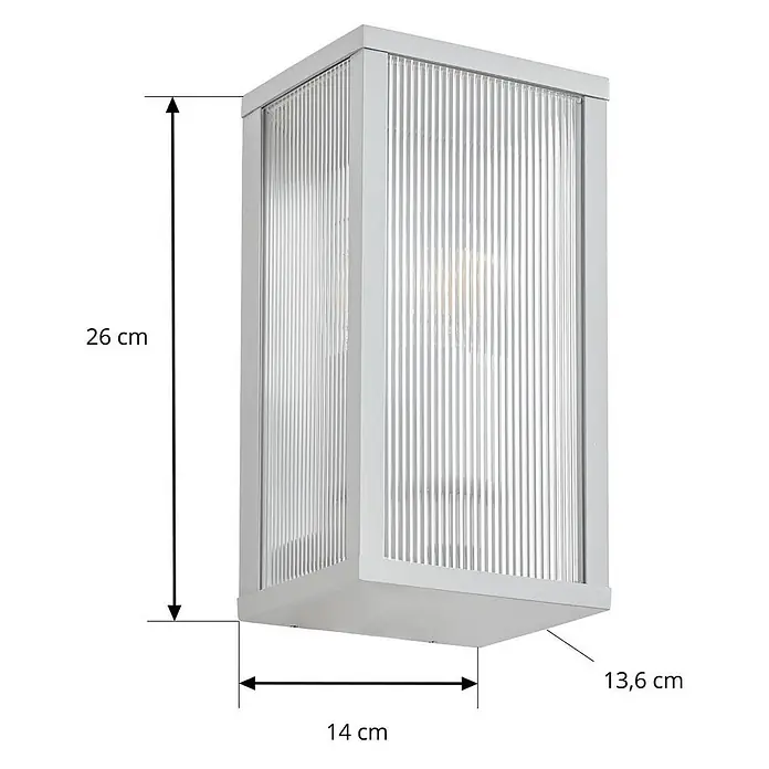 Lindby Außenwandleuchte Peldar - 13,5 x 14 x 26 cm, alu / grau / zink, IP44 - Rechteckige weiße Außenwandleuchte mit gerippten Glasscheiben. Maße: 26 cm hoch, 14 cm breit, 13,6 cm tief.