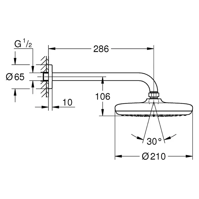 Grohe Tempesta Kopfbrausen-Set 210Durchmesser: 21 cm, 9,5 l/min, Wandmontage, Chrom - Technische Zeichnung eines Duschkopfs mit Maßangaben, die seine Größe und Montageanforderungen detailliert beschreiben.