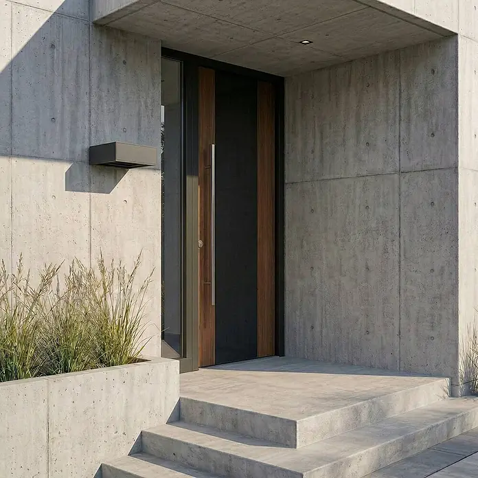 Lucande Außenwandleuchte Ashkan - alu / grau / zink, IP65 - Moderne Haustür mit dunklen Paneelen und Holzeinsätzen, mit langem Edelstahlgriff, in Betonfassade.