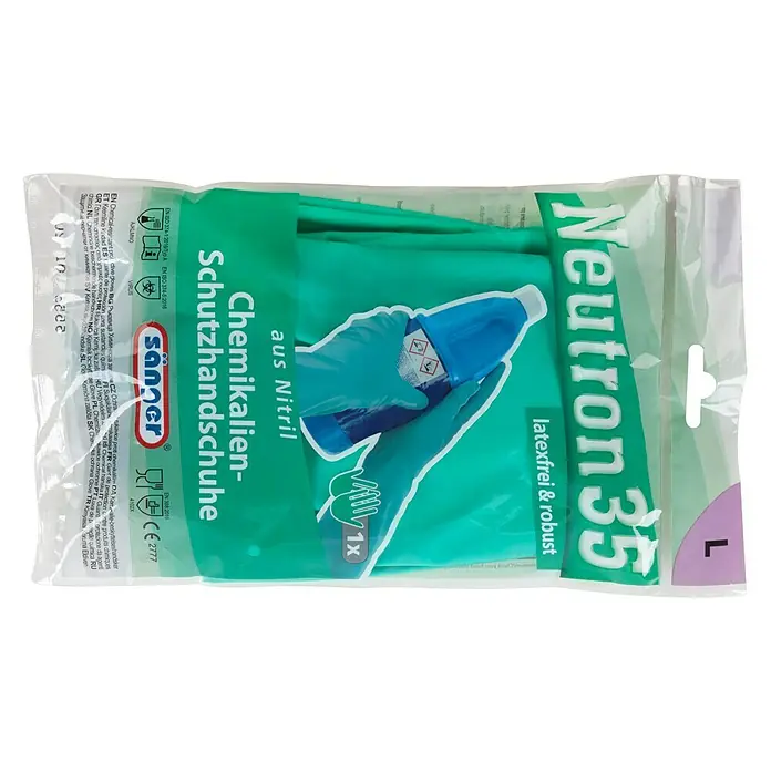 Sänger Arbeitshandschuhe Neutron 35 - L, Grün, Nitril - Bild eines Paars Neutron 35 Chemikalien-Schutzhandschuhe aus Nitril, latexfrei und robust, in Größe L.