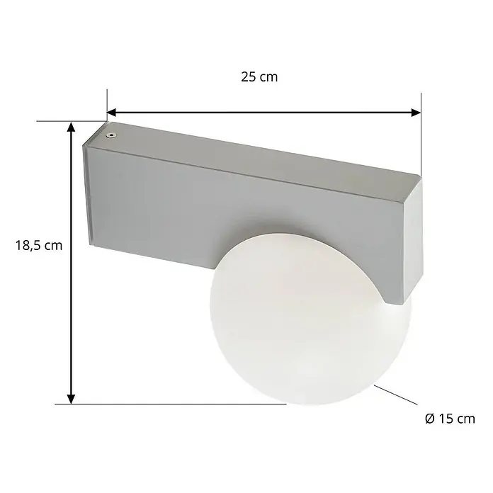 Lucande Außenwandleuchte Vijon - alu / grau / zink, IP44 - Silber-graue Wandleuchte mit rechteckigem Sockel (25x18,5 cm) und weißem Kugel-Diffusor (Ø 15 cm).