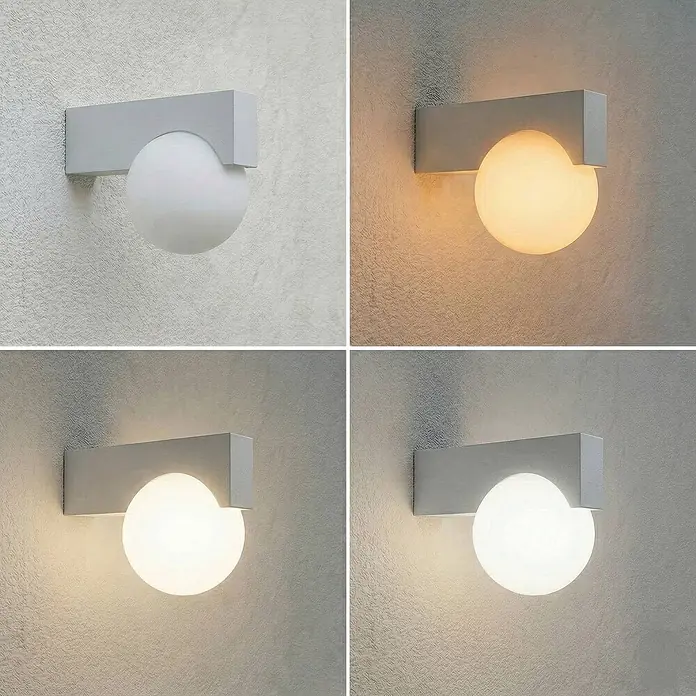 Lucande Außenwandleuchte Vijon - alu / grau / zink, IP44 - Graue rechteckige Wandleuchte mit kugelförmigem weißem Diffusor, unbeleuchtet und leuchtend in warmem, neutralem und kaltweißem Licht.
