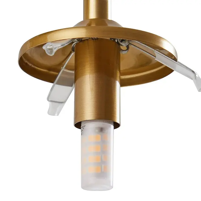 Lindby Pendelleuchte Piatra - L x B x H: 25 x 25 x 150 cm, creme / amber, amber, messing, G9 - Messingfarbene Leuchtenfassung mit G9 LED-Birne und transparenten Halteklammern.
