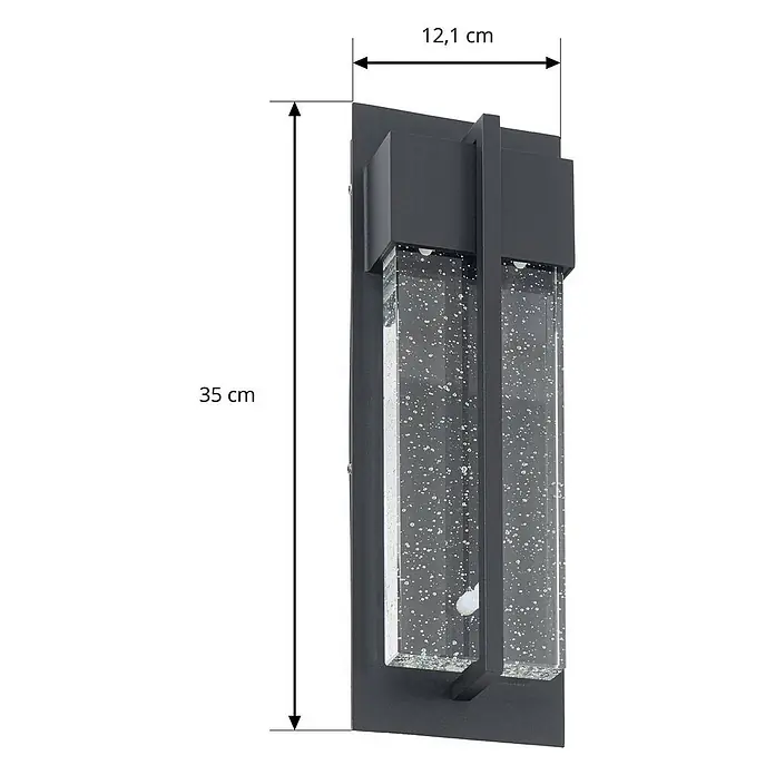 Lucande Außenwandleuchte Velune - 7,8 x 12,1 x 35 cm, schwarz, IP44 - Moderne dunkelgraue Außenwandleuchte mit klarem, blasengefülltem Glasdiffusor. Maße: 35 cm Höhe, 12,1 cm Breite.