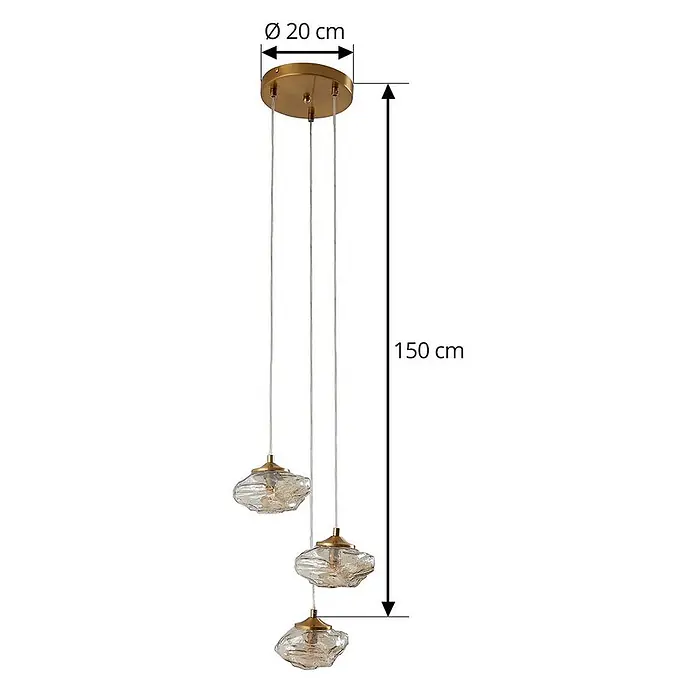 Lindby Pendelleuchte Piatra - L x B x H: 25 x 25 x 150 cm, creme / amber, amber, messing, G9 - Dreiflammige Pendelleuchte mit goldener Deckenplatte (Ø 20 cm) und klaren strukturierten Glasschirmen, Gesamthöhe 150 cm.