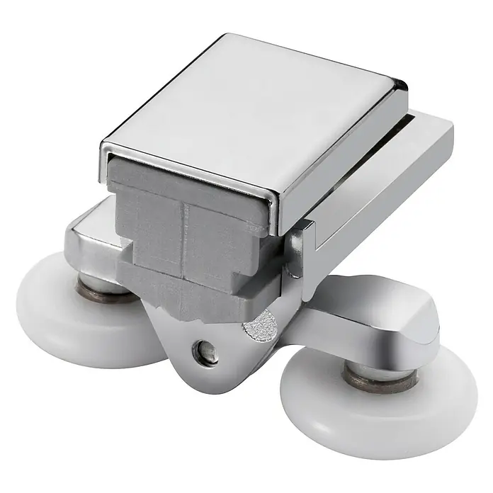 Rodamiento para mampara de ducha A40 - Plata brillo - Primer plano de un rodillo de cabina de ducha con acabado cromado y ruedas blancas.