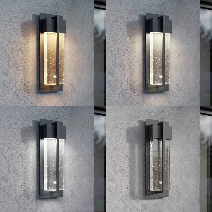 Lucande Außenwandleuchte Velune - 7,8 x 12,1 x 35 cm, schwarz, IP44 - Moderne dunkle Außenwandleuchte mit blasigem Glasdiffusor, gezeigt mit warmer, kühler und keiner Beleuchtung.