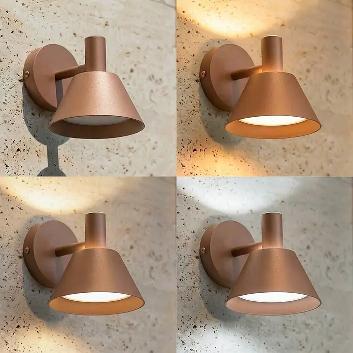 Lucande Außenwandleuchte Tabena - braun / rost, braun / rost, IP54 - Kupferfarbene Wandleuchte an strukturierter Wand, die verschiedene Lichtfarben von warm bis kühl zeigt.