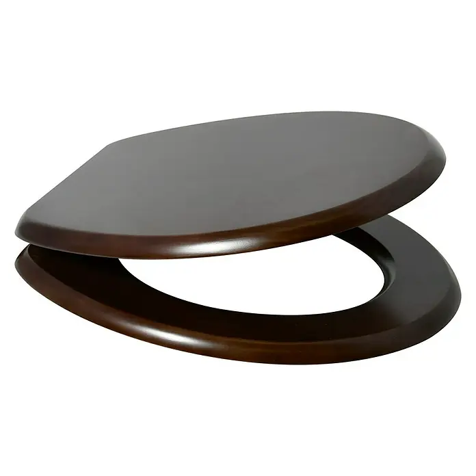 MSV Tapa de WC - Madera, Wengué, Con caída amortiguada - Primer plano de un asiento de inodoro de madera marrón oscuro que descansa sobre una superficie blanca, mostrando un elegante diseño de baño.
