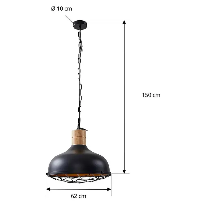 Lindby Pendelleuchte Olbi - L x B x H: 41,5 x 41,5 x 24 cm, schwarz, Schwarz, holz hell, E27 - Schwarze Metall-Pendelleuchte mit Kuppelschirm, Holz-Akzent und Schutzgitter, an einer Kette hängend.