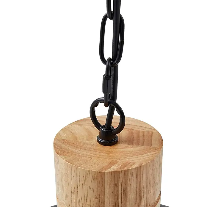 Lindby Pendelleuchte Olbi - L x B x H: 41,5 x 41,5 x 24 cm, schwarz, Schwarz, holz hell, E27 - Pendelleuchtenfassung: Naturholzblock, der über einen schwarzen Ösenhaken mit einer schwarzen Metallkette verbunden ist.