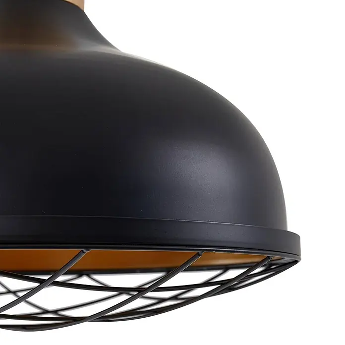 Lindby Pendelleuchte Olbi - L x B x H: 41,5 x 41,5 x 24 cm, schwarz, Schwarz, holz hell, E27 - Schwarzer Metall-Pendelleuchtenschirm mit goldener Innenseite und Drahtgitter.