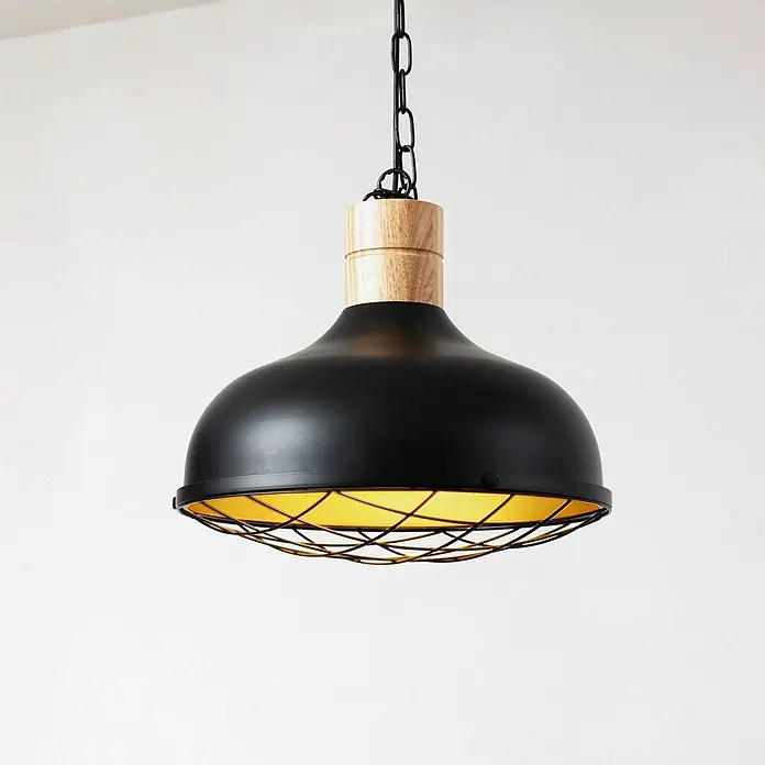 Lindby Pendelleuchte Olbi - L x B x H: 41,5 x 41,5 x 24 cm, schwarz, Schwarz, holz hell, E27 - Schwarze Hängeleuchte mit Holzdetail und goldenem Käfigdiffusor.