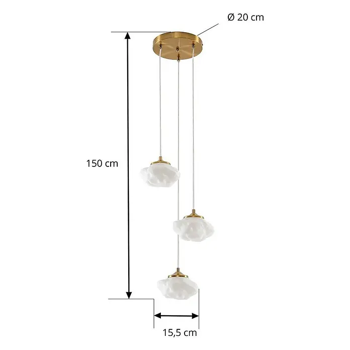 Lindby Pendelleuchte Piatra - weiß / opal, weiß, messing, G9 - Dreifache goldene Hängelampe mit weißen, wolkenförmigen Glasschirmen an runder, goldener Deckenplatte.