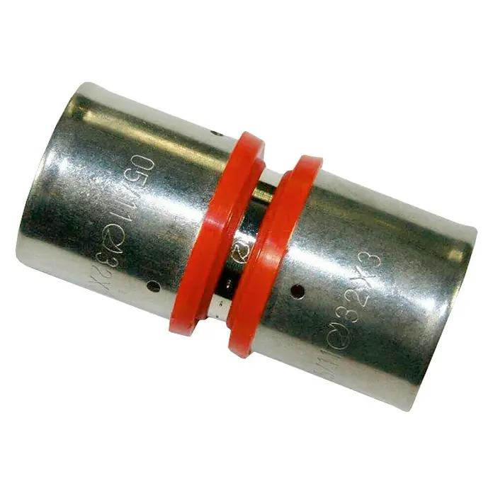 Isoltubex Manguito de unión multicapa - Set - 16 mm, 45 ud. - Un accesorio de prensa metálico con dos anillos de sellado rojos en el medio.