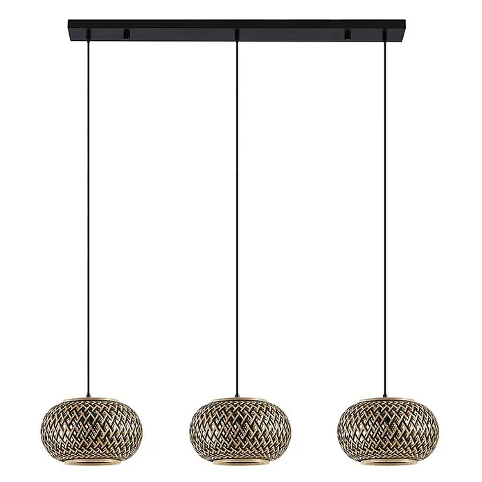 Lindby Pendelleuchte Nerys - Holz dunkel, Schwarz, holz dunkel, E27 - Dreiflammige Pendelleuchte mit schwarzer Deckenhalterung. Kugelförmige Lampenschirme aus geflochtenem Rattan in Schwarz und Natur.