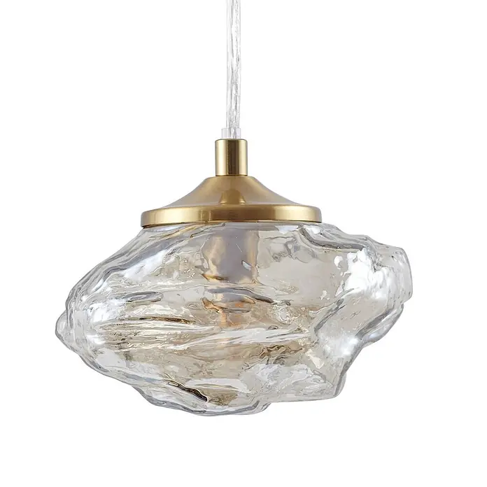 Lindby Pendelleuchte Piatra - L x B x H: 15,5 x 15,5 x 8,5 cm, creme / amber, amber, messing, G9 - Hängelampe mit organisch geformtem, strukturiertem Klarglasschirm und gebürstetem messingfarbenem Anschluss.