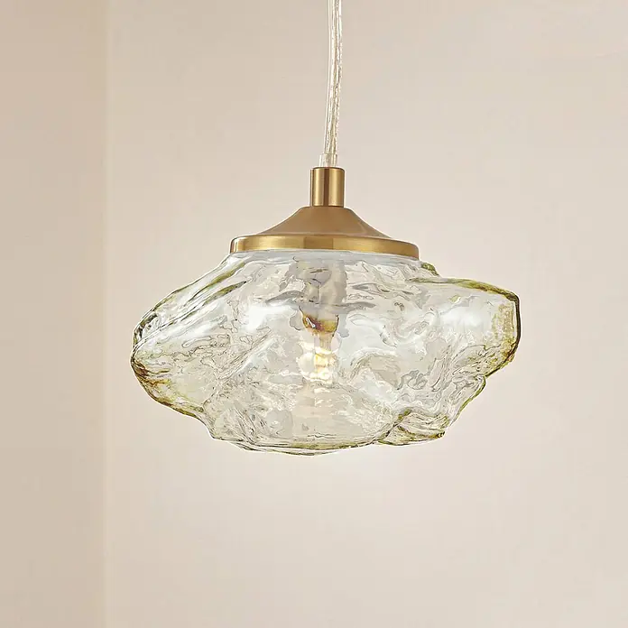 Lindby Pendelleuchte Piatra - L x B x H: 15,5 x 15,5 x 8,5 cm, creme / amber, amber, messing, G9 - Gewellte, bernsteinfarbene Glas-Pendelleuchte mit Messingfassung und leuchtender Birne.