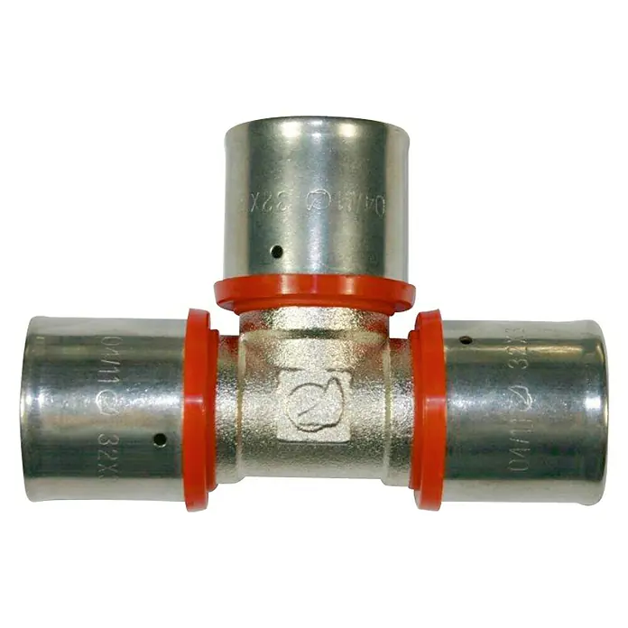 Isoltubex T multicapa - Set - 16 mm - Conexión en T de metal con anillos de sellado rojos y marcajes, ideal para instalaciones de fontanería y calefacción.