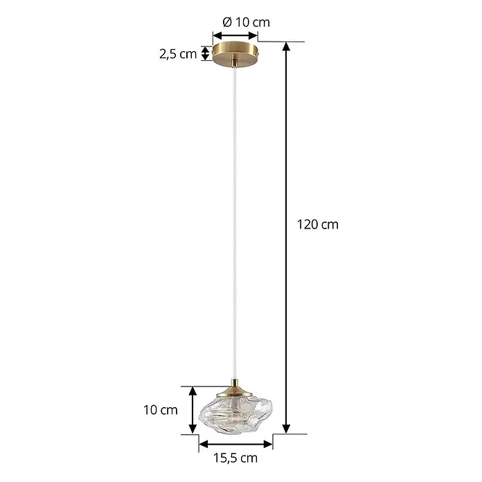 Lindby Pendelleuchte Piatra - L x B x H: 15,5 x 15,5 x 8,5 cm, creme / amber, amber, messing, G9 - Pendelleuchte aus Messing und Glas mit gewelltem Klarglasschirm, Gesamtlänge 120 cm.