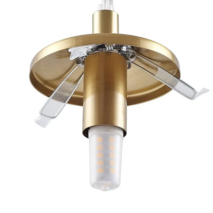 Lindby Pendelleuchte Piatra - L x B x H: 15,5 x 15,5 x 8,5 cm, creme / amber, amber, messing, G9 - Messingfarbener Leuchtenfuß mit federbelasteten Clips zur Befestigung eines Schirms und eingesetzter LED-Birne.