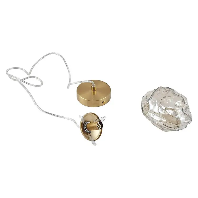 Lindby Pendelleuchte Piatra - L x B x H: 15,5 x 15,5 x 8,5 cm, creme / amber, amber, messing, G9 - Zerlegte goldene Pendelleuchtenteile: Deckenrose mit Kabel, Lampenfassung und klarer unregelmäßiger Glasschirm.