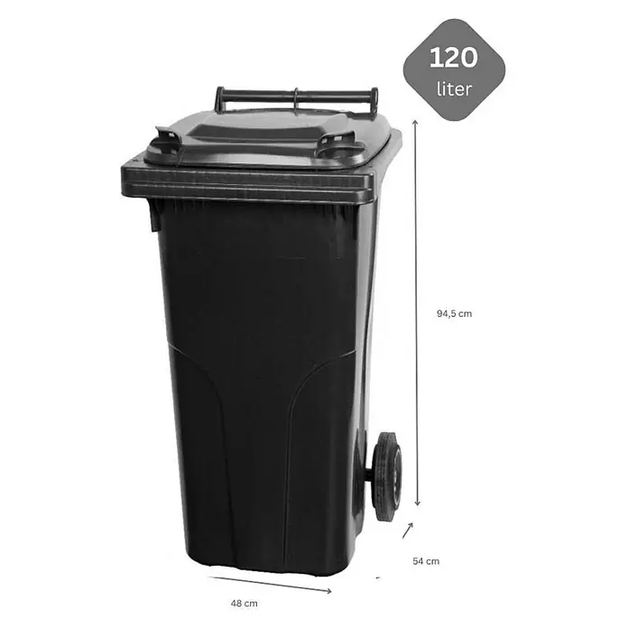 Proregal Mülltonne SuperSparSet 2x - 2-Rad-Tonne MGB - Grau/Schwarz & Blau - Schwarze Kunststoff-Mülltonne mit Rollen und Deckel, 120 Liter Fassungsvermögen, Maße angegeben.