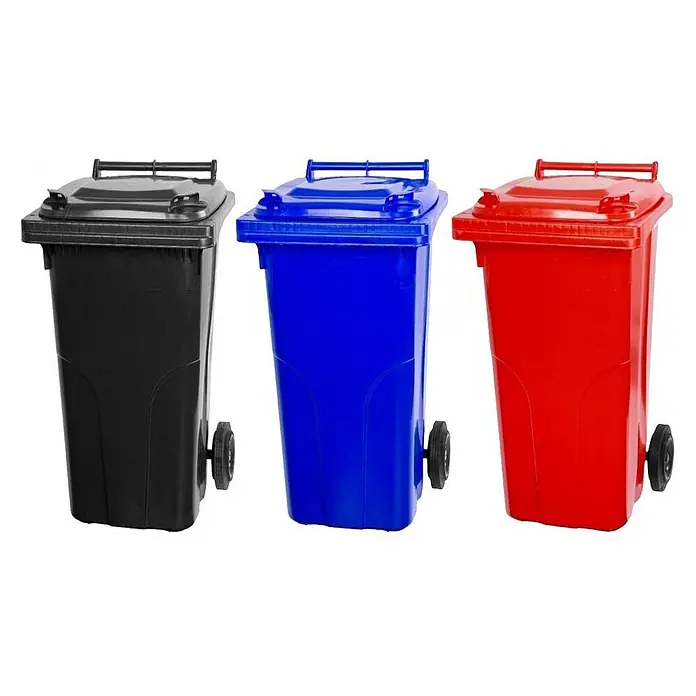 Proregal Mülltonne SuperSparSet 3x - 2-Rad-Tonne MGB - Grau/Schwarz & Blau & Rot - Drei rollbare Mülltonnen in Schwarz, Blau und Rot.