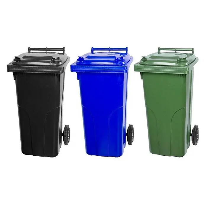 Proregal Mülltonne SuperSparSet 3x - 2-Rad-Tonne MGB - Grau/Schwarz & Blau & Grün - Drei Mülltonnen in Schwarz, Blau und Grün, jeweils mit Deckel und Rädern.