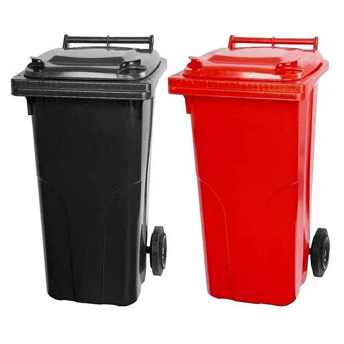 Proregal Mülltonne SuperSparSet 2x - 2-Rad-Tonne MGB - Grau/Schwarz & Rot - Zwei Mülltonnen aus Kunststoff, eine schwarze und eine rote, mit Deckeln und Rädern zur Abfallentsorgung.