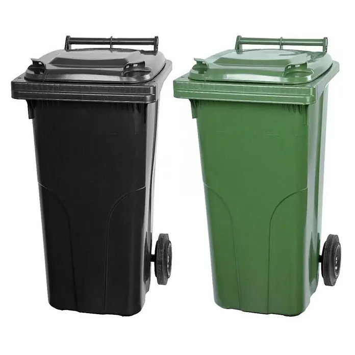 Proregal Mülltonne SuperSparSet 2x - 2-Rad-Tonne MGB - Grau/Schwarz & Grün - Zwei Mülltonnen aus Kunststoff, eine schwarze und eine grüne, mit aufklappbaren Deckeln und Rädern zur Abfallsammlung.
