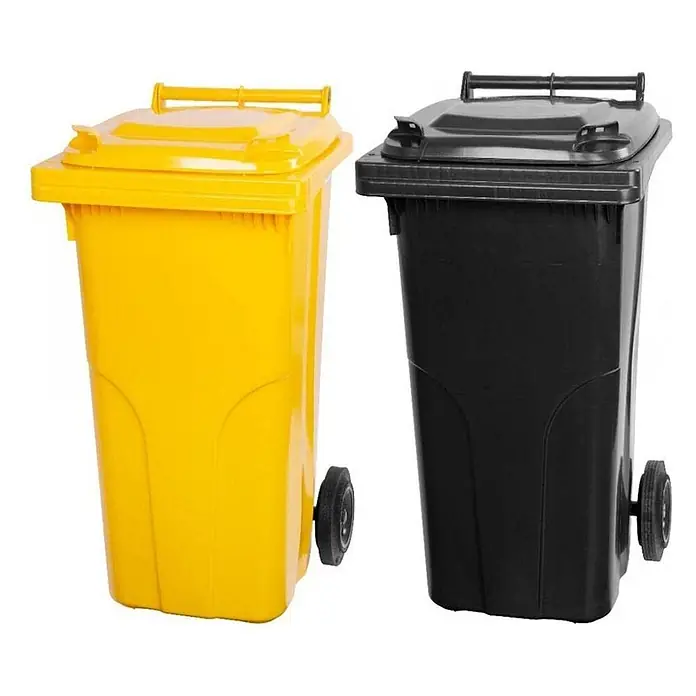 Proregal Mülltonne SuperSparSet 2x - 2-Rad-Tonne MGB - Gelb & Grau/Schwarz - Zwei gelbe und schwarze Kunststoff-Mülltonnen mit Deckeln und Rädern zur Abfallentsorgung.
