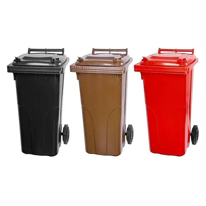 Proregal Mülltonne SuperSparSet 3x - 2-Rad-Tonne MGB - Grau/Schwarz & Braun & Rot - Drei Kunststoff-Mülltonnen in Schwarz, Braun und Rot, mit Deckel und Rollen, zur Abfallsammlung.