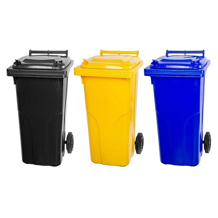 Proregal Mülltonne SuperSparSet 3x - 2-Rad-Tonne MGB - Grau/Schwarz & Gelb & Blau - Drei robuste Mülltonnen aus Kunststoff in Schwarz, Gelb und Blau, jeweils mit Deckel und Rollen zur einfachen Abfallsammlung.