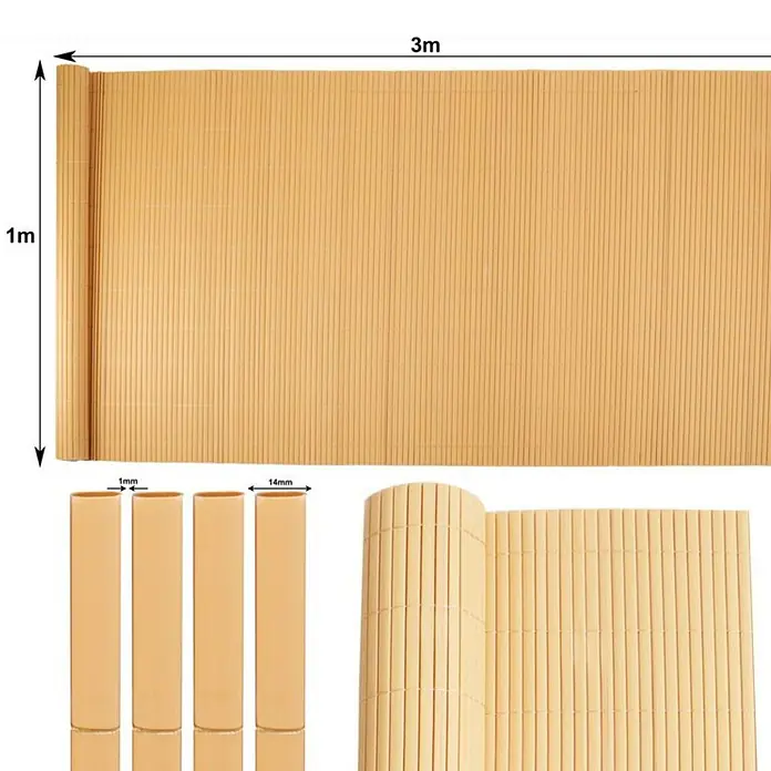 Proregal Sichtschutzelement FI-CHI – Premium Sichtschutzmatte - Braun - Hellbraune Bambuszaunrolle, 1m hoch, 3m lang, mit 14mm breiten, 1mm dicken Lamellen.