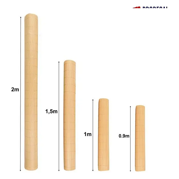 Proregal Sichtschutzelement FI-CHI – Premium Sichtschutzmatte - Braun - Gerollte Bambuszäune in Naturfarbe, präsentiert in vier verschiedenen Höhen: 2m, 1,5m, 1m und 0,9m.