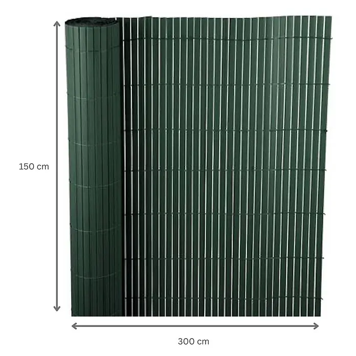Proregal Sichtschutzelement FI-CHI – Premium Sichtschutzmatte - Kunststoff, Grün - Grüner PVC-Sichtschutz, lamellenförmig, teils aufgerollt, 150 cm hoch und 300 cm lang.