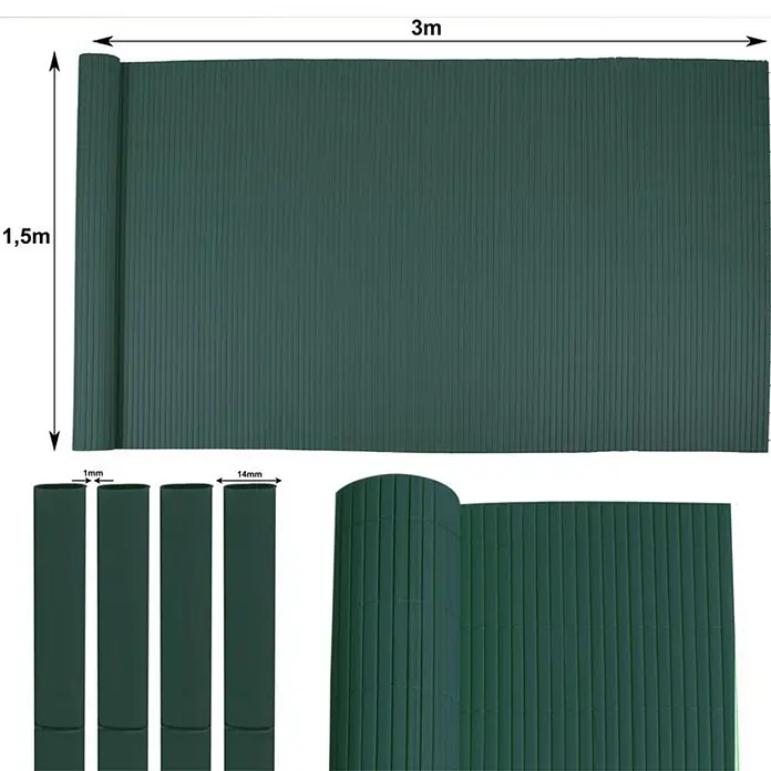 Proregal Sichtschutzelement FI-CHI – Premium Sichtschutzmatte - Kunststoff, Grün - Dunkelgrüner Sichtschutz aus 14mm breiten Lamellen, 1,5m hoch und 3m lang.