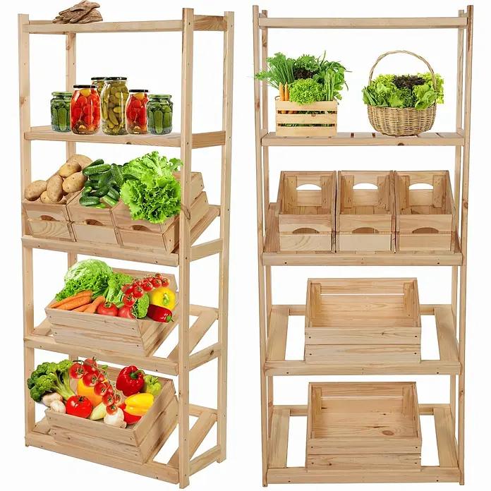 Proregal Getränkekistenregal SPREEWALD - Anzahl Böden: 5 Stk., Schrauben, Natur - Lichtes Holzregal mit mehreren Ablagen und ausziehbaren Holzkisten für Obst, Gemüse und Vorräte.