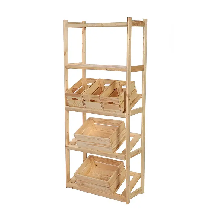 Proregal Getränkekistenregal SPREEWALD - Anzahl Böden: 5 Stk., Schrauben, Natur - Helles Holzregal mit vier Ebenen, drei gekippten Holzkisten auf der zweiten und zwei flachen Kisten auf den unteren Regalen.