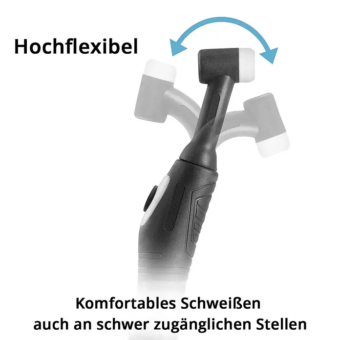 STAHLWERK WIG-Schweißbrenner Schweißbrenner WIG WP26F -  - Schwarzer Schweißbrenner mit flexiblem, schwenkbarem Kopf, Pfeile zeigen den großen Bewegungsbereich für komfortables Schweißen.