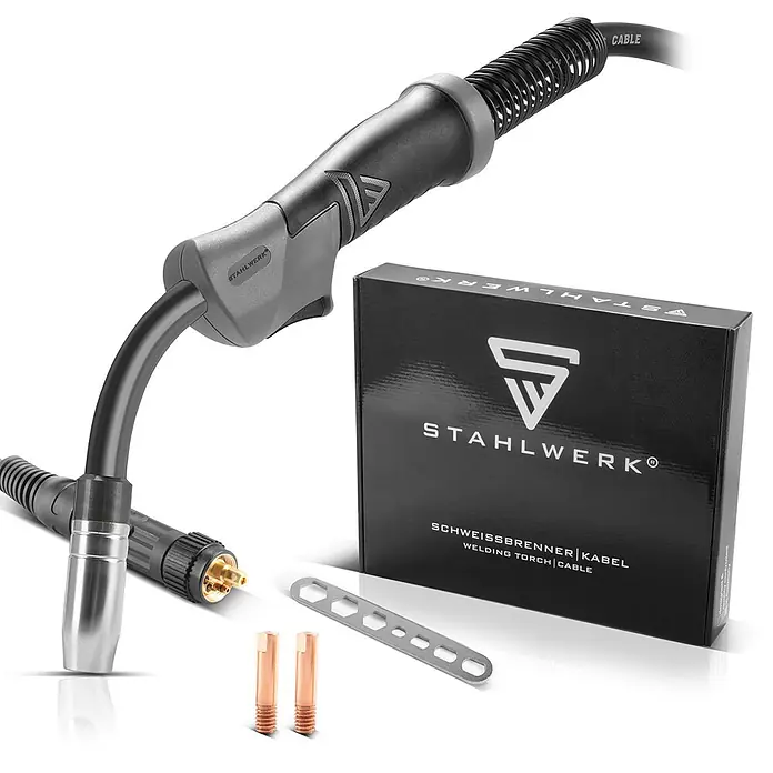 STAHLWERK MIG/MAG-Schweißbrenner Schweißbrenner AK15 MB15 3 m Schlauchpaket -  - Grauer und schwarzer Schweißbrenner mit Kabel, zwei Kupferspitzen, Multitool und Produktbox.