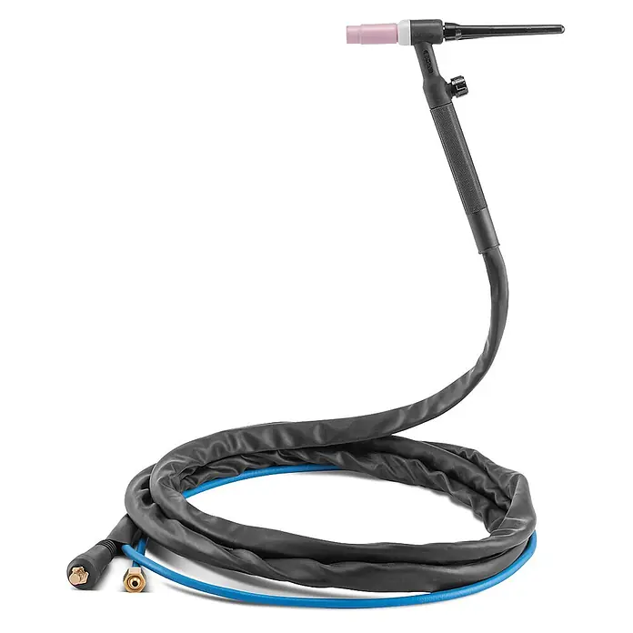 STAHLWERK MIG/MAG-Schweißbrenner Schweißbrenner Lift-Tig-Brenner WP-17V -  - WIG-Schweißbrenner mit schwarzem Griff, rosafarbener Düse, grauem Schlauch, blauer Gasleitung und Messinganschlüssen.