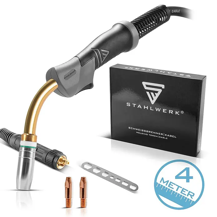 STAHLWERK MIG/MAG-Schweißbrenner Schweißbrenner AK25 MB25 4 m Schlauchpaket -  - Schwarzes und graues Schweißbrennerkabel mit goldenem Hals, Kontaktdüsen, Mehrfachschlüssel, Verpackung und „4 METER“-Etikett.