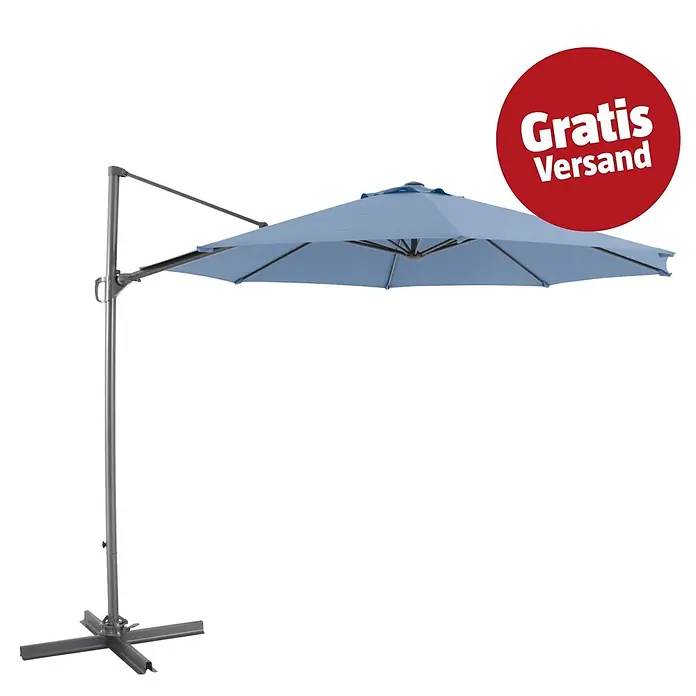 Sunfun Ampelschirm rund Florenz - Blau, Durchmesser Bespannung: 300 cm - Hellblauer Ampelschirm mit silbernem Metallmast und stabilem Kreuzfuß, spendet Schatten ohne Mittelstange.