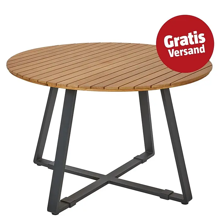 Sunfun Carina Gartentisch rund - Ø x H: 115 x 76 cm, Akazienholz, Teak - Runder Gartentisch mit Holzlattenplatte und dunkelgrauem Metallkreuzfuß.